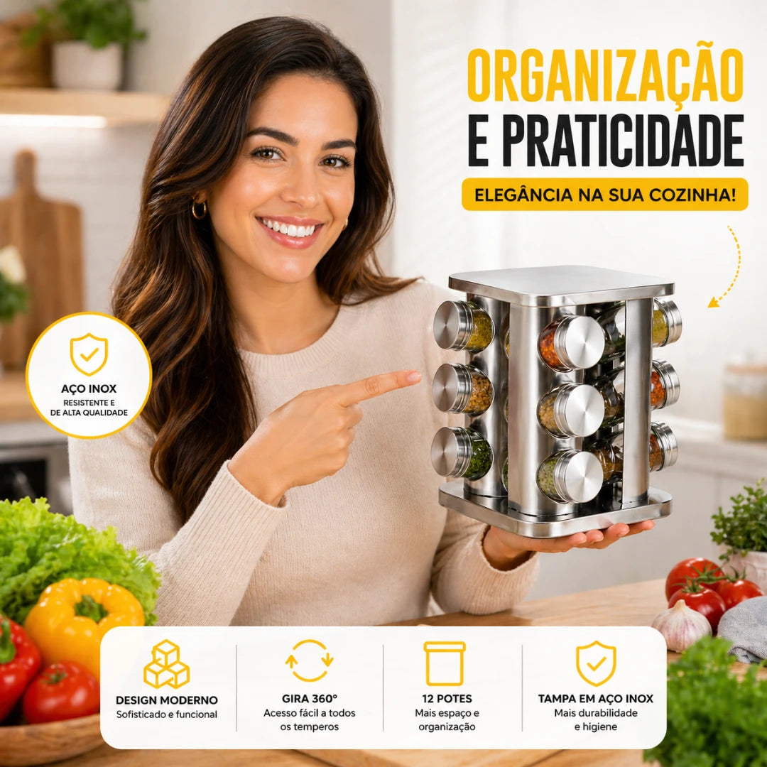 Torre Giratória de Temperos — 12 Potes de Aço Inox Combinados
