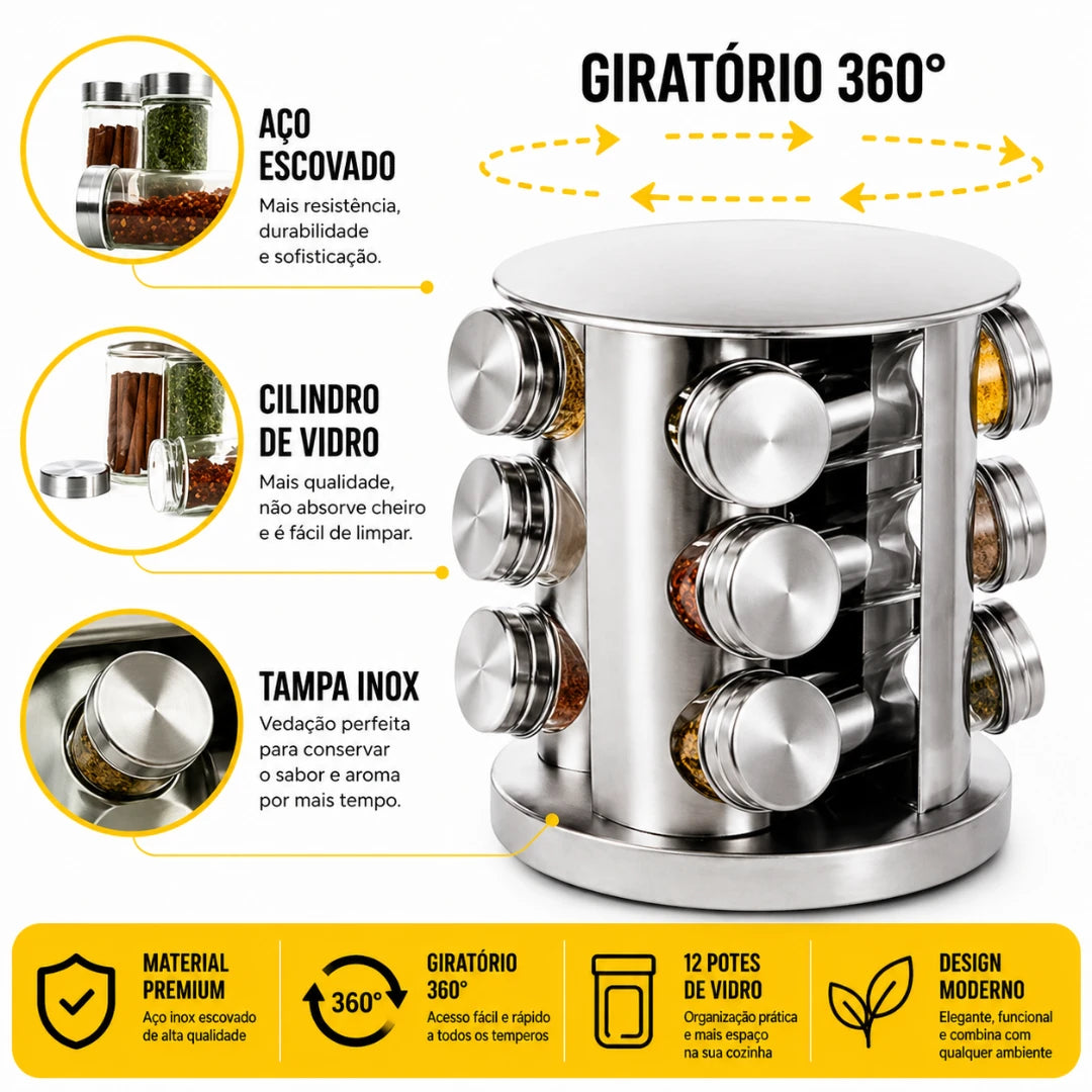 Torre Giratória de Temperos — 12 Potes de Aço Inox Combinados