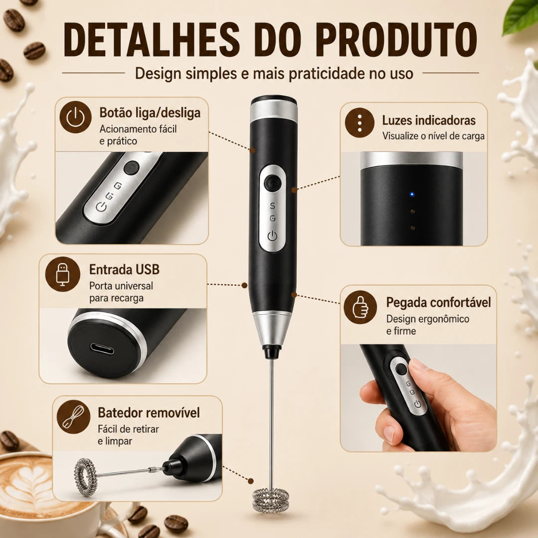 CremaMix™ | Mini Mixer Elétrico Recarregável para Cappuccino, Café e Shakes | Frete Grátis