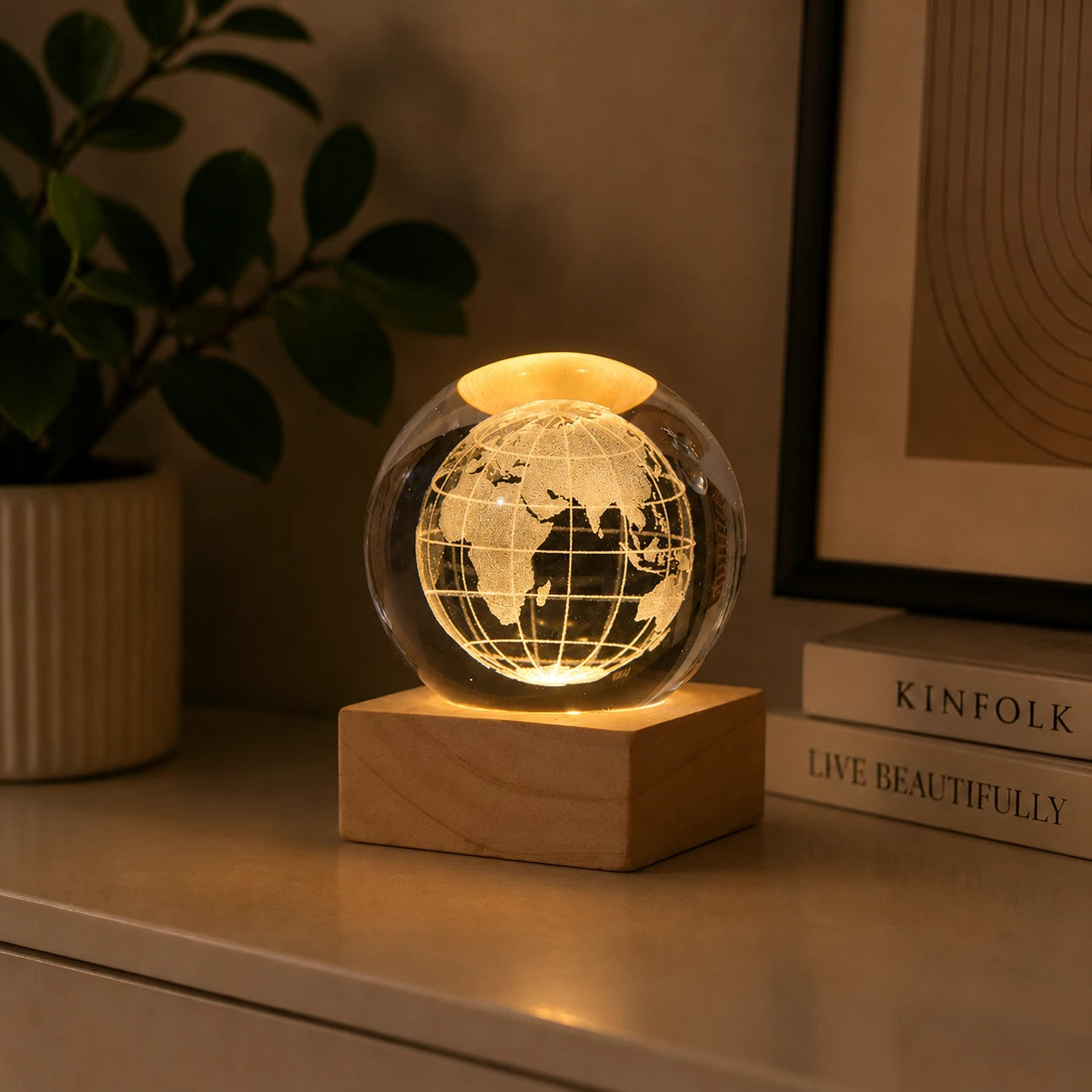Bola de Cristal 3D com Iluminação LED - Escultura Decorativa em Vidro Gravado a Laser