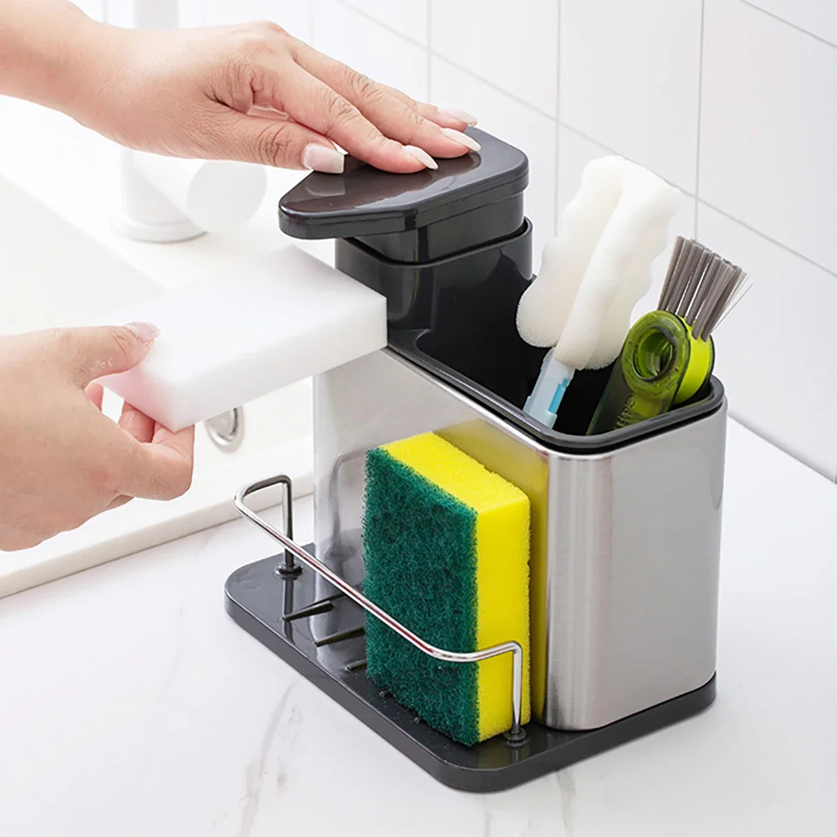 Organizador 3 em 1 para Pia - Dispenser de Detergente, Suporte de Esponja e Porta-Utensílios em Aço Inox