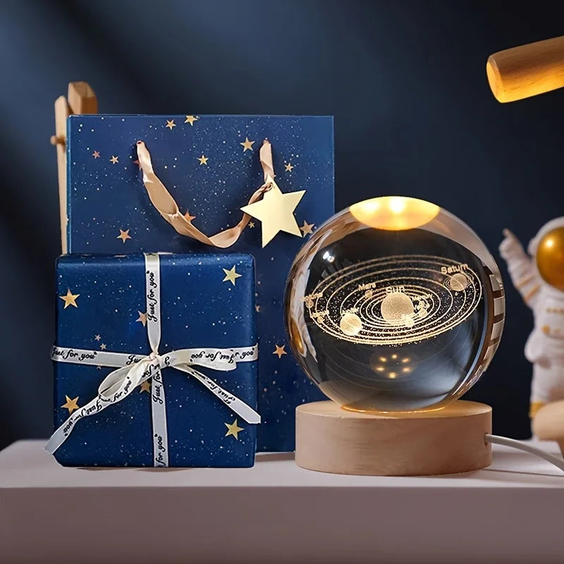 Bola de Cristal 3D com Iluminação LED - Escultura Decorativa em Vidro Gravado a Laser