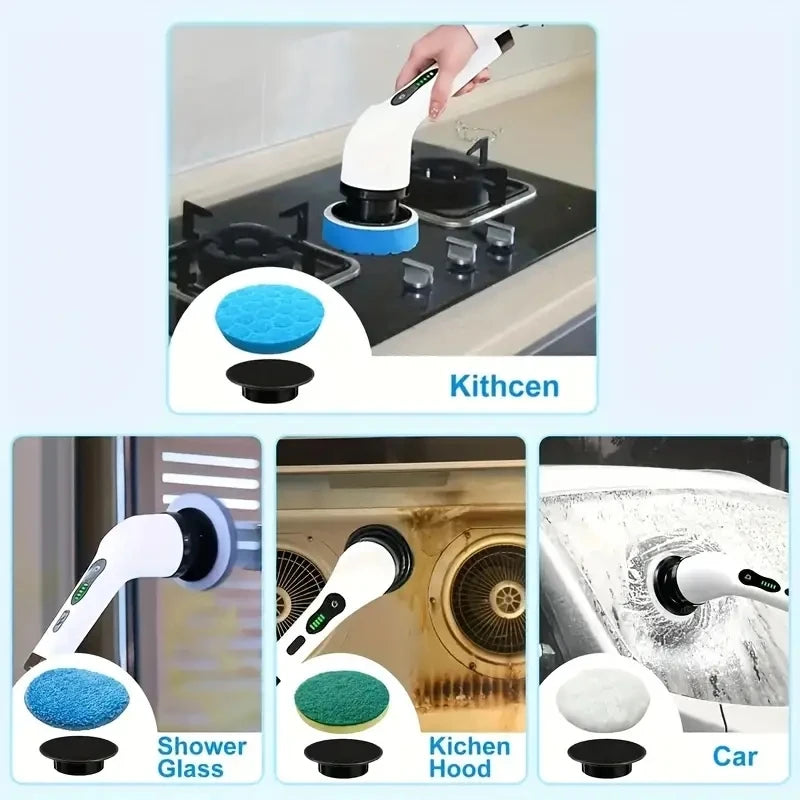 Kit Escova Elétrica Giratória sem Fio com 7 Cabeças e Cabo Extensível - Limpeza de Banheiro e Casa
