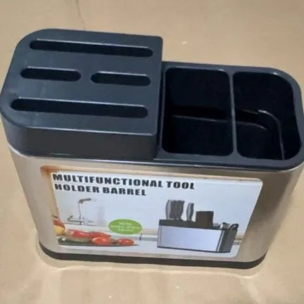 Organizador 3 em 1 para Pia - Dispenser de Detergente, Suporte de Esponja e Porta-Utensílios em Aço Inox