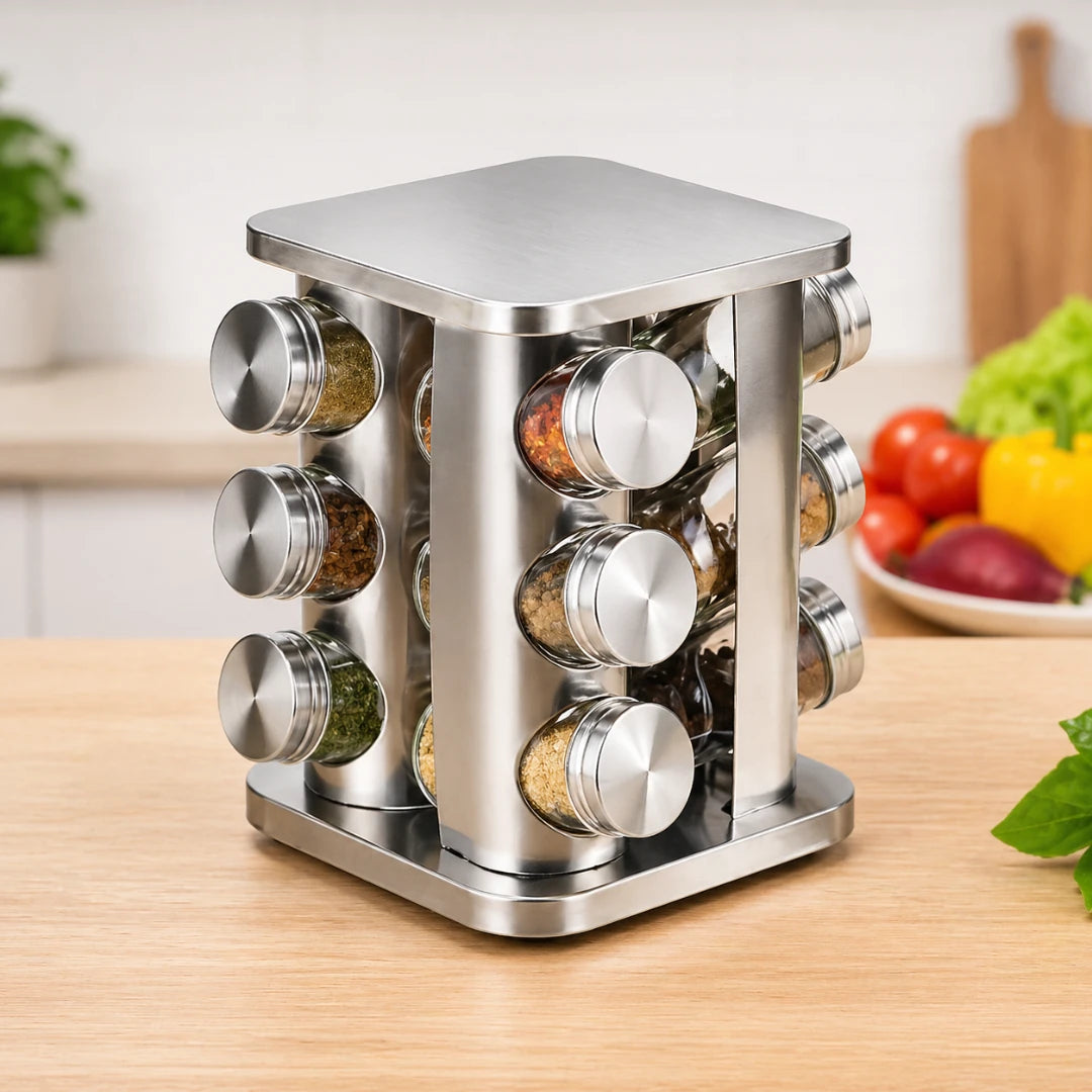 Torre Giratória de Temperos — 12 Potes de Aço Inox Combinados