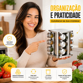 Torre Giratória de Temperos — 12 Potes de Aço Inox Combinados