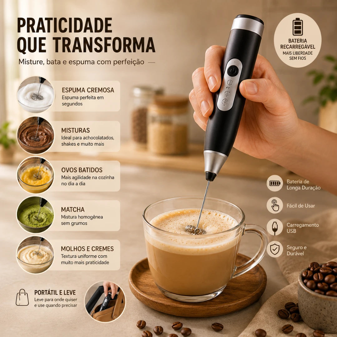 CremaMix™ | Mini Mixer Elétrico Recarregável para Cappuccino, Café e Shakes | Frete Grátis