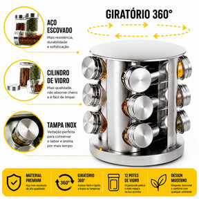 Torre Giratória de Temperos — 12 Potes de Aço Inox Combinados