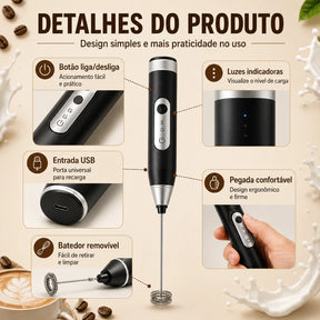 CremaMix™ | Mini Mixer Elétrico Recarregável para Cappuccino, Café e Shakes | Frete Grátis