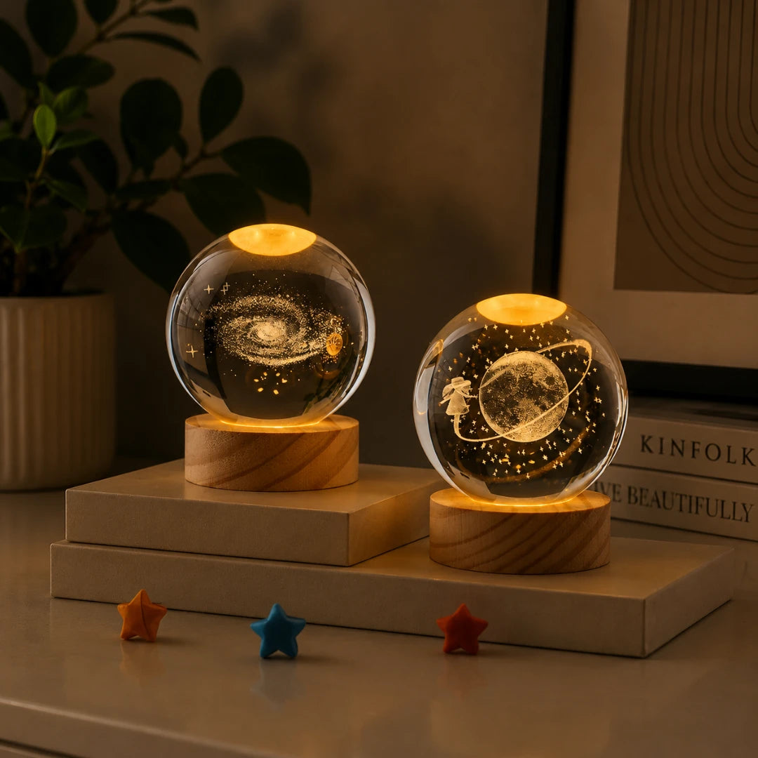 Bola de Cristal 3D com Iluminação LED - Escultura Decorativa em Vidro Gravado a Laser