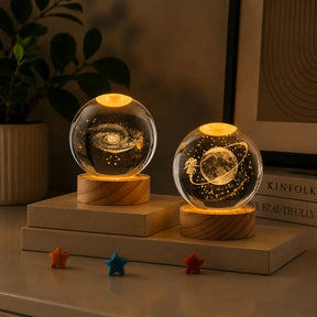 Bola de Cristal 3D com Iluminação LED - Escultura Decorativa em Vidro Gravado a Laser