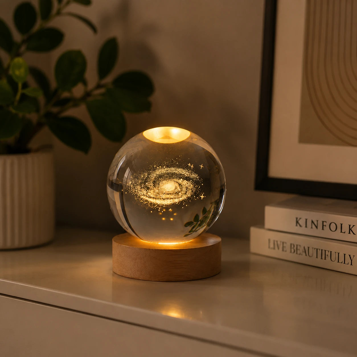 Bola de Cristal 3D com Iluminação LED - Escultura Decorativa em Vidro Gravado a Laser