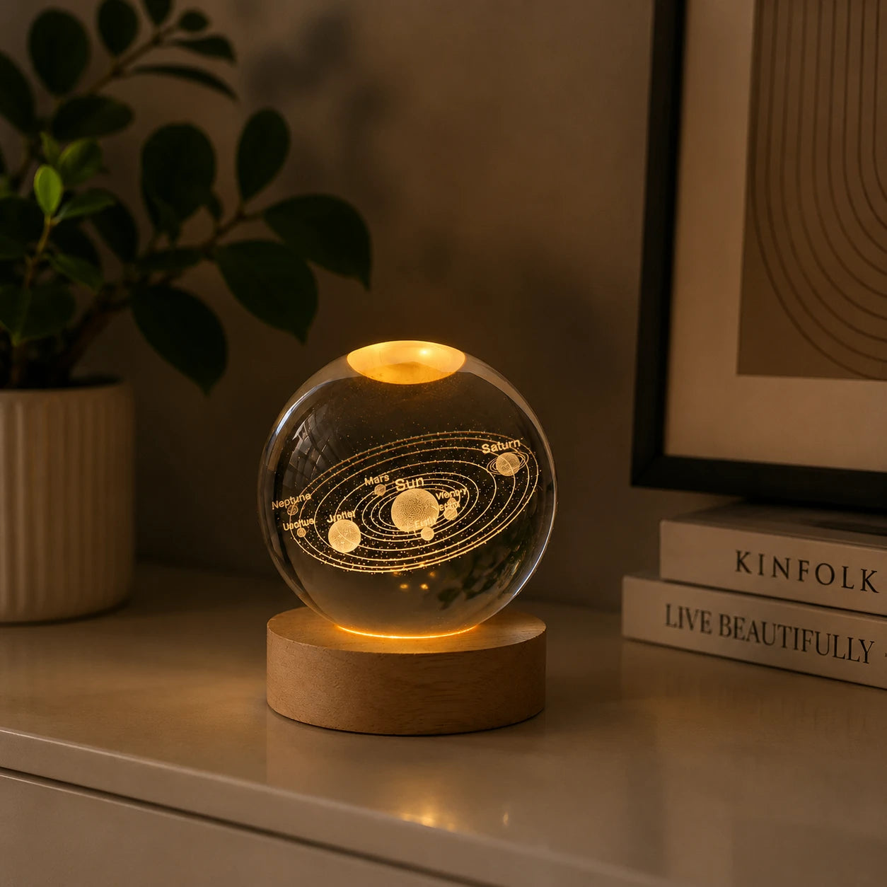 Bola de Cristal 3D com Iluminação LED - Escultura Decorativa em Vidro Gravado a Laser