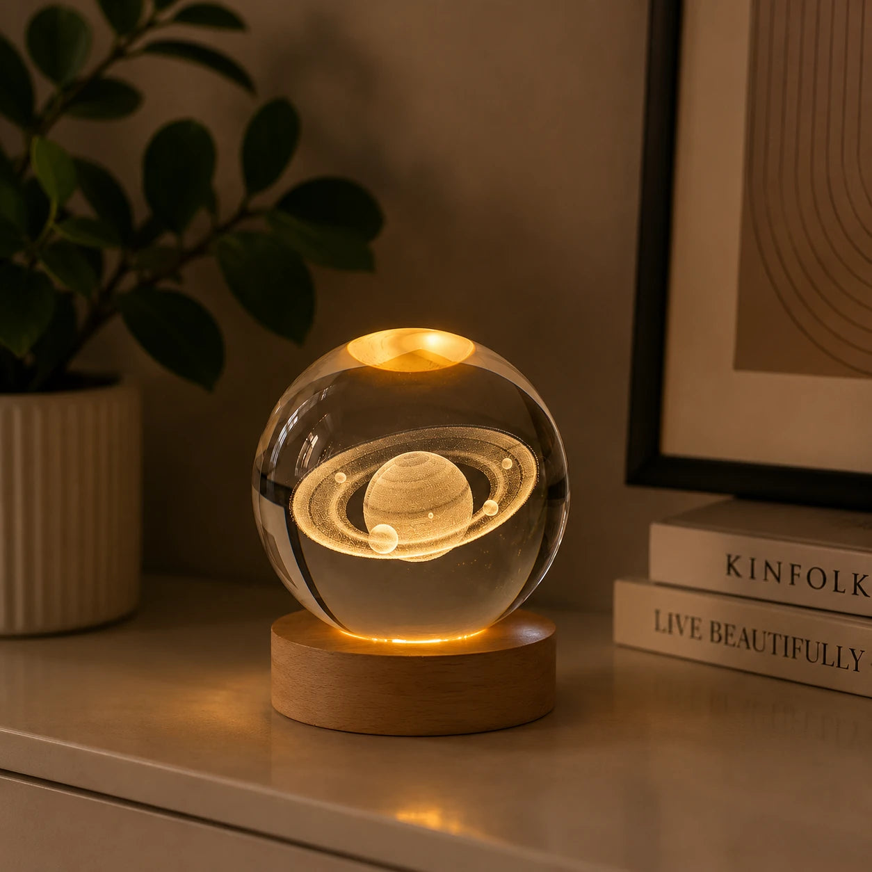 Bola de Cristal 3D com Iluminação LED - Escultura Decorativa em Vidro Gravado a Laser