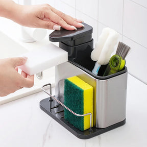 Organizador 3 em 1 para Pia - Dispenser de Detergente, Suporte de Esponja e Porta-Utensílios em Aço Inox