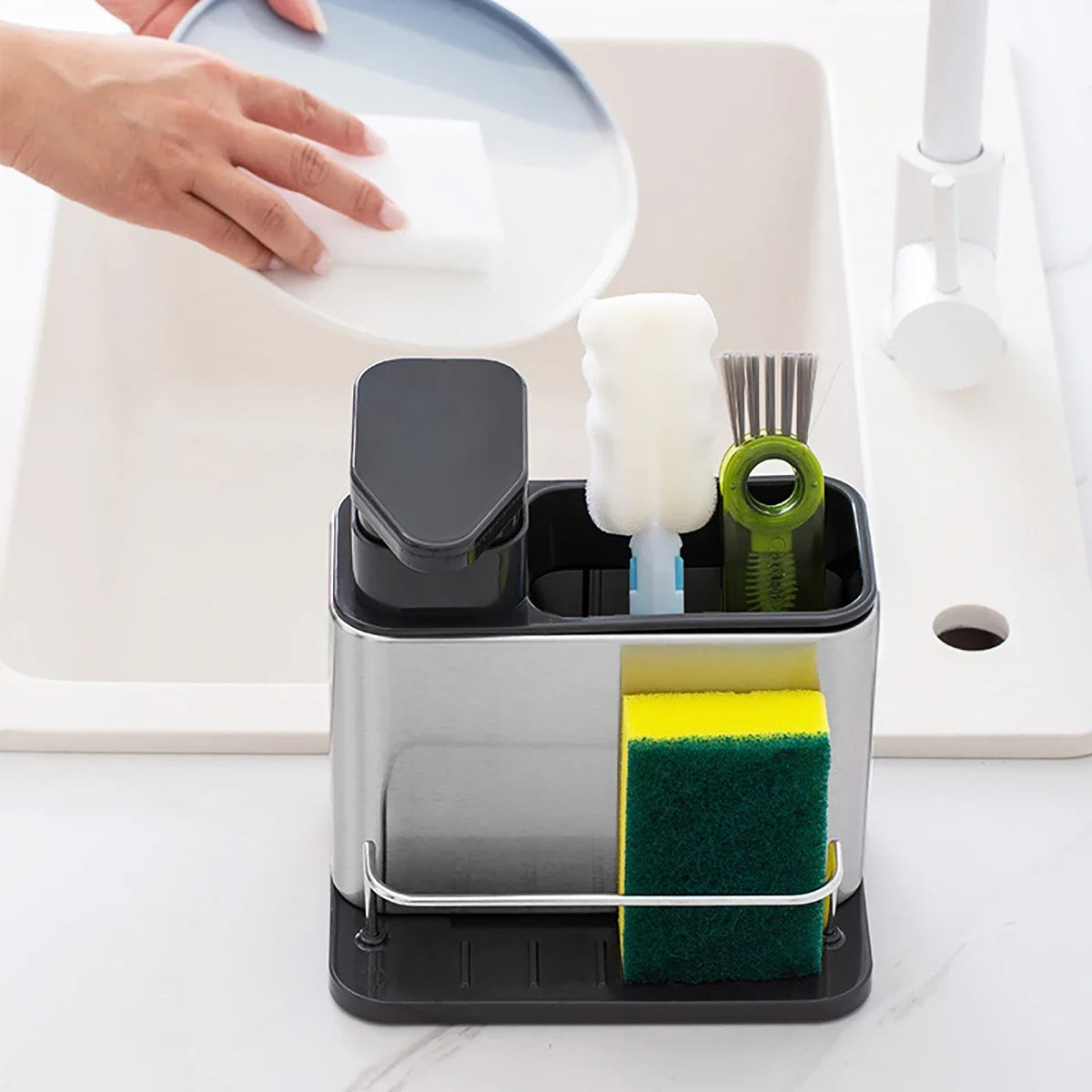 Organizador 3 em 1 para Pia - Dispenser de Detergente, Suporte de Esponja e Porta-Utensílios em Aço Inox
