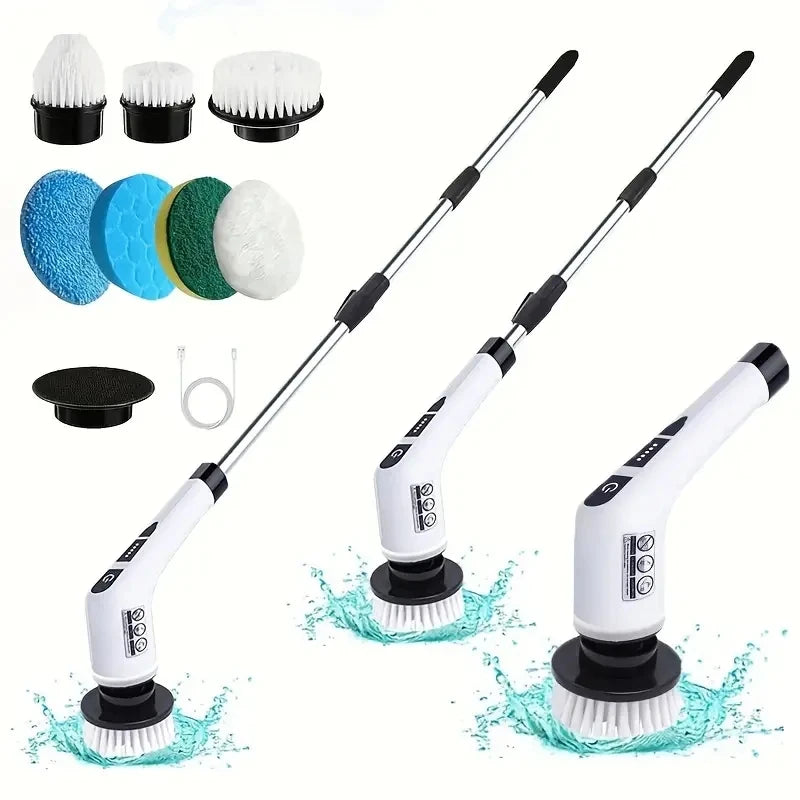 Kit Escova Elétrica Giratória sem Fio com 7 Cabeças e Cabo Extensível - Limpeza de Banheiro e Casa