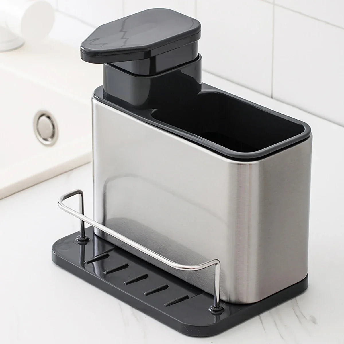 Organizador 3 em 1 para Pia - Dispenser de Detergente, Suporte de Esponja e Porta-Utensílios em Aço Inox