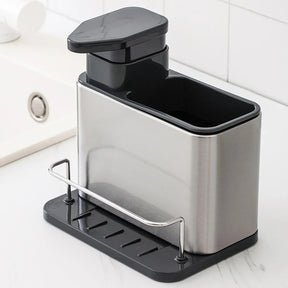 Organizador 3 em 1 para Pia - Dispenser de Detergente, Suporte de Esponja e Porta-Utensílios em Aço Inox