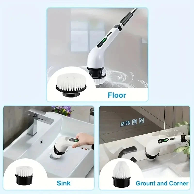 Kit Escova Elétrica Giratória sem Fio com 7 Cabeças e Cabo Extensível - Limpeza de Banheiro e Casa